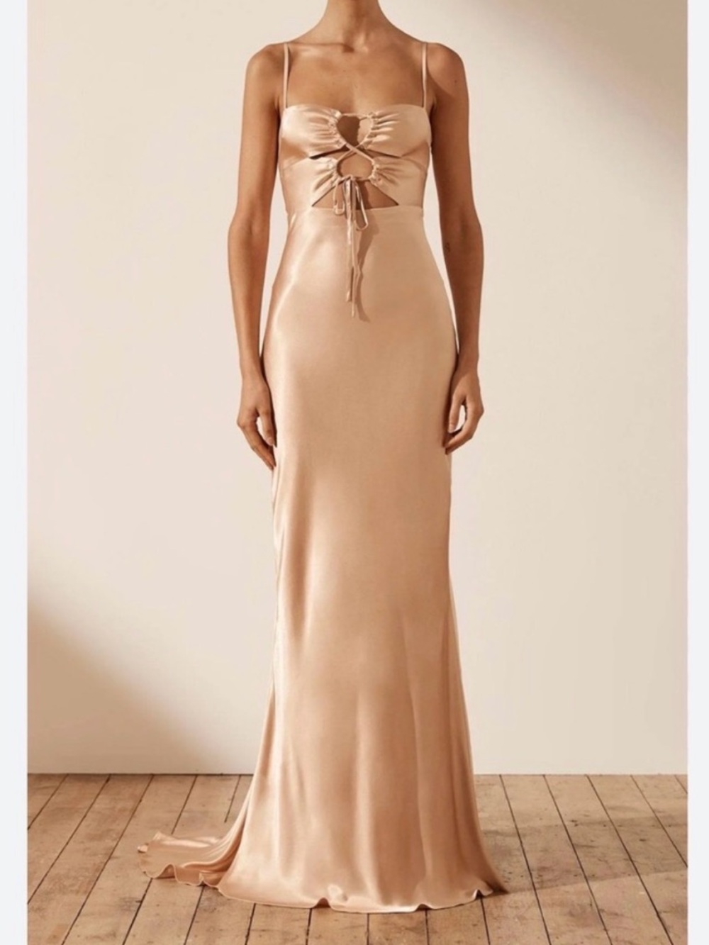 Shona Joy Champagne Satin Cutout Maxi Dress